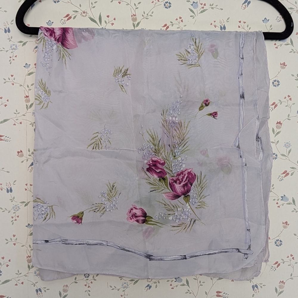 Vintage Silk Floral Sheer Scarf 30" x 30" Roses Ferns Square Feminine Pink